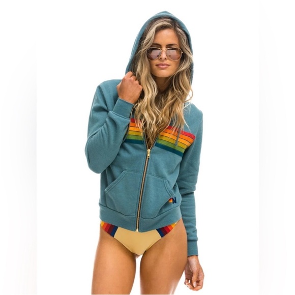 Aviator Nation 6 Stripe Zip Up Hoodie and Sweatpants with Pockets Set - Picture 15 of 17